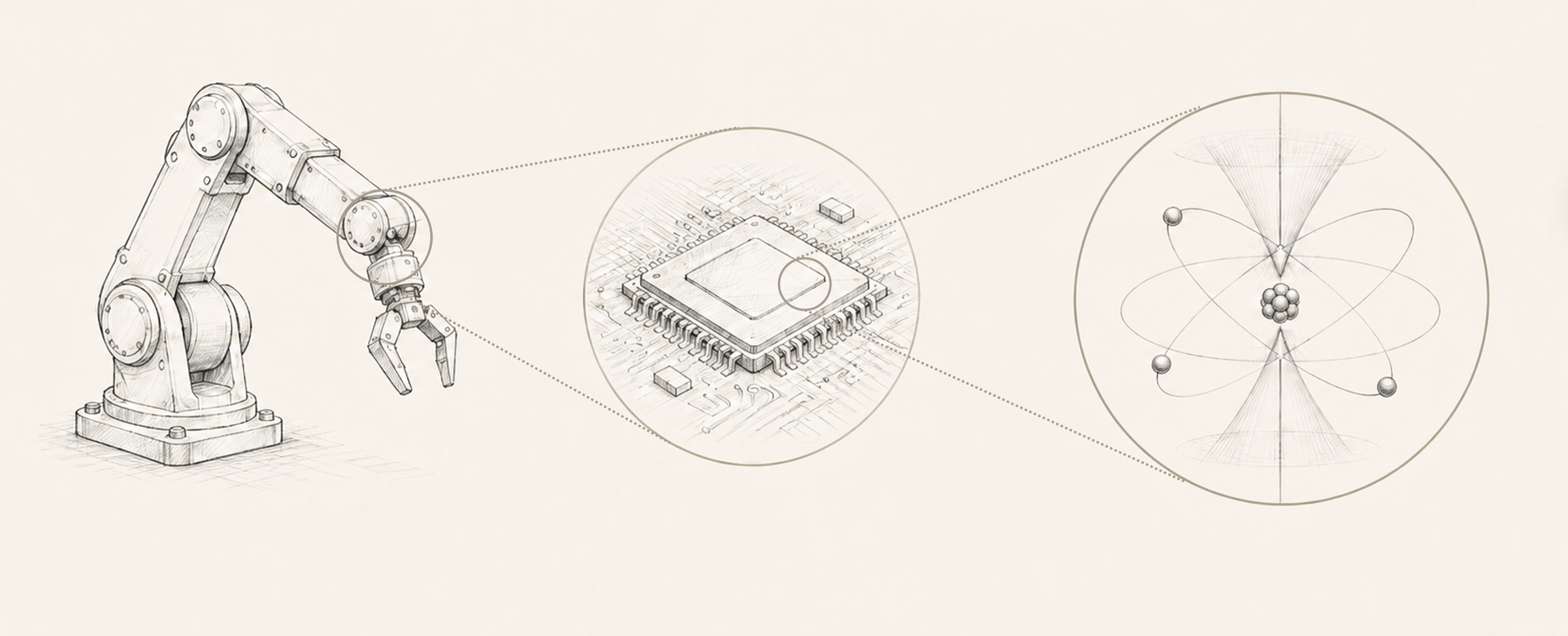 Sketch illustration showing zoom from a robot arm into a circuit chip into atomic structure